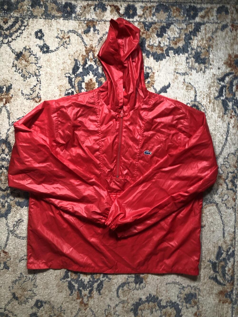Vintage Izod Lacoste Jacket Mens XL Red Hooded 1/4 Zip Windbreaker Nylon Anorak